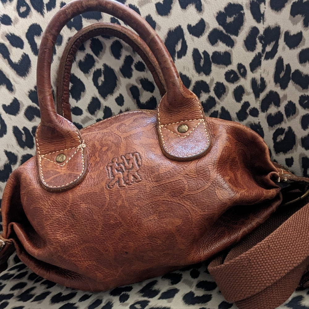 Brown Leather Handbag By Hippies. Unique Football Shape Can Be Crossbody Or Hand